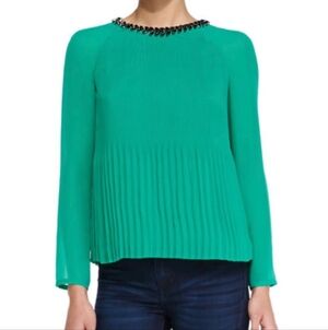 Ted Baker Green Accordion Pleated Lovina Black Embellished Blouse 4 Christmas